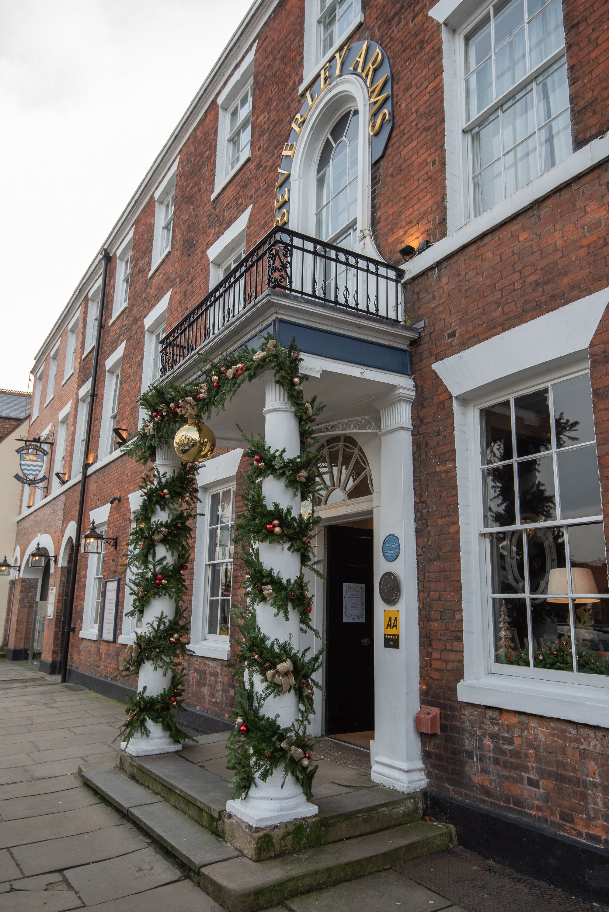 christmas decorations on front of building