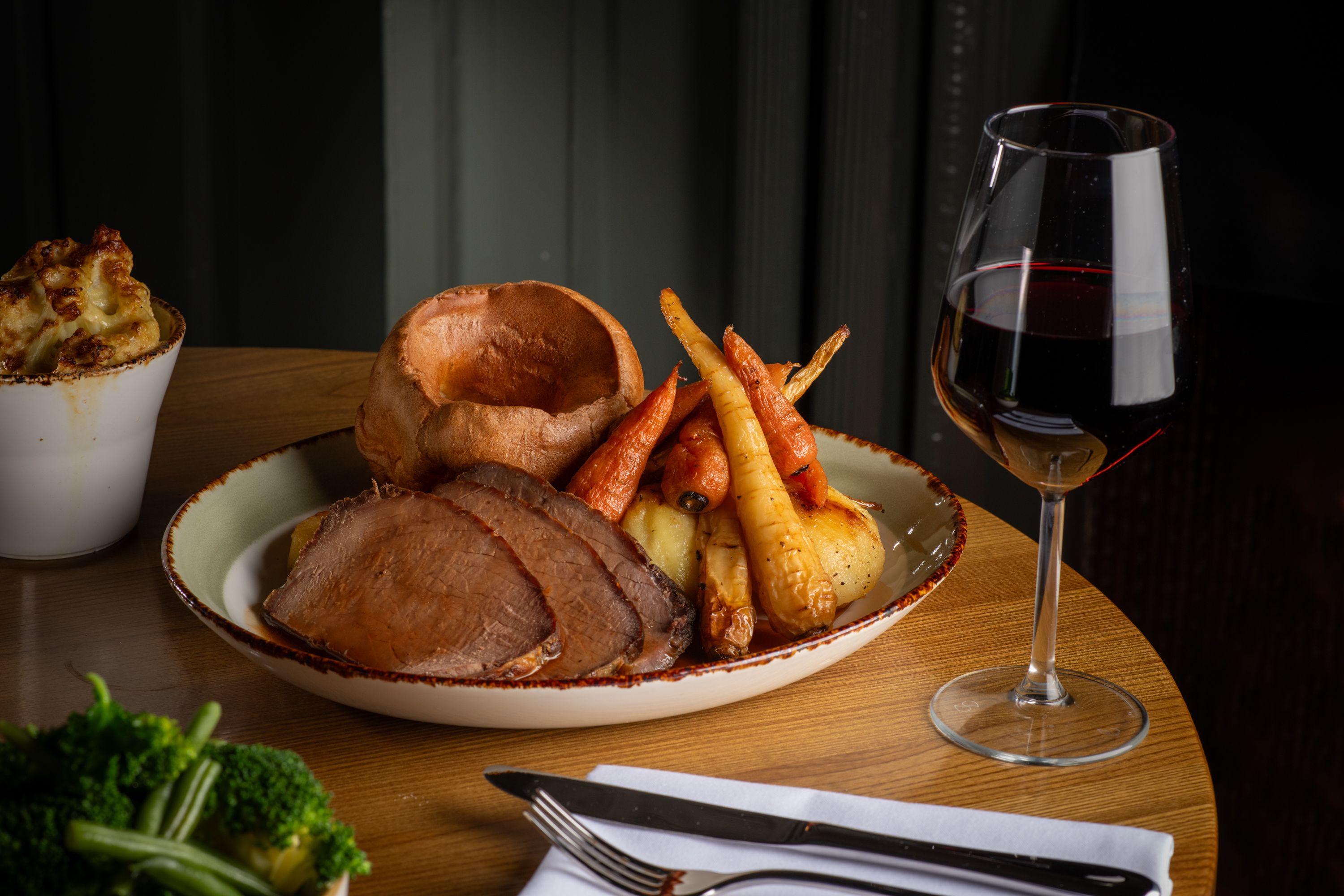 sunday roast at the beverley arms with red wine