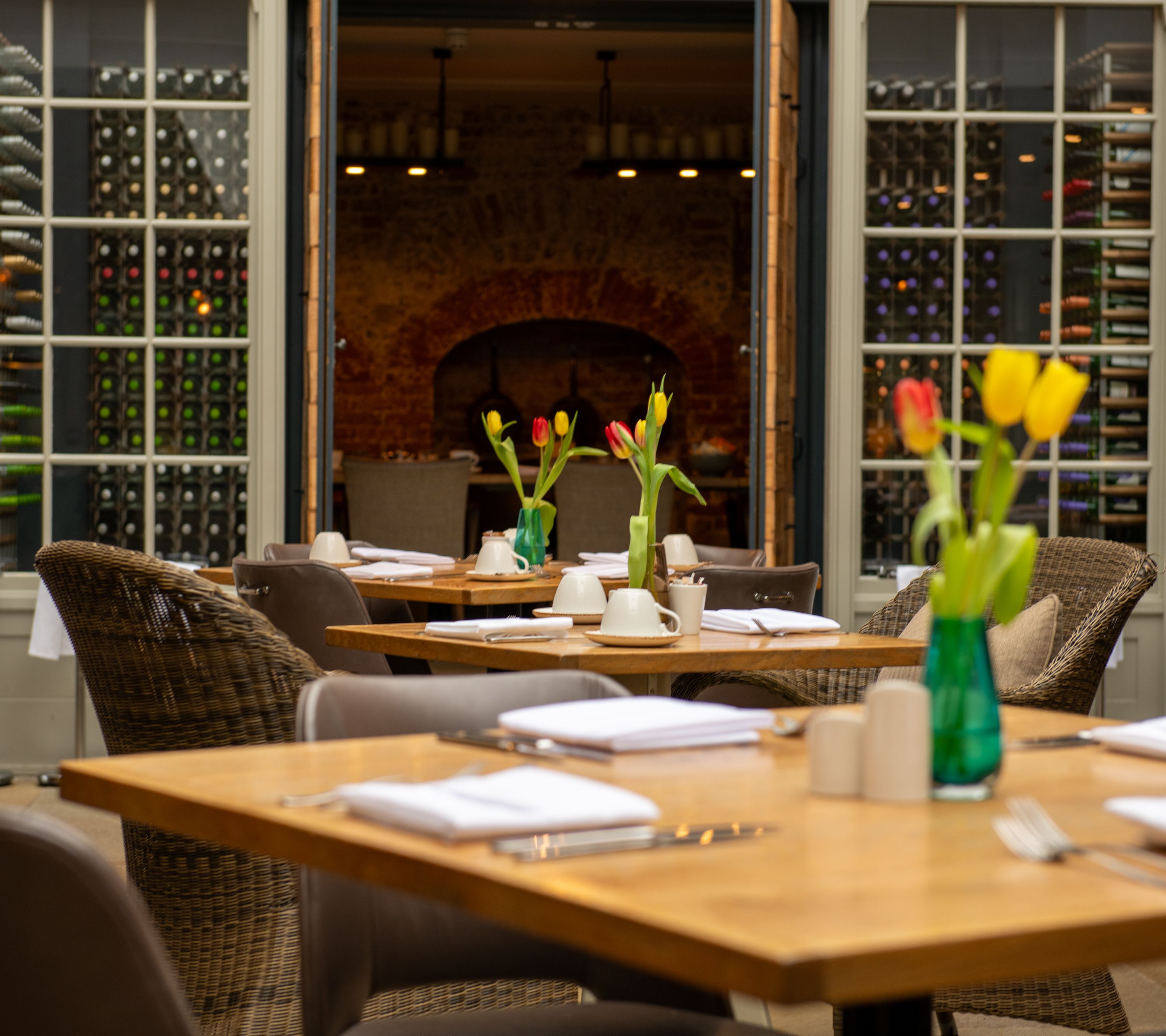 restaurant area at the beverley arms with doors open